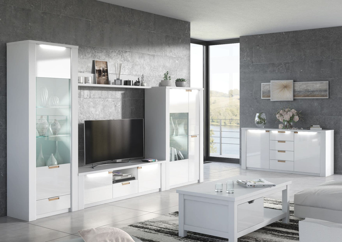 Luca White Gloss Display Unit - Wide Storage Cabinet