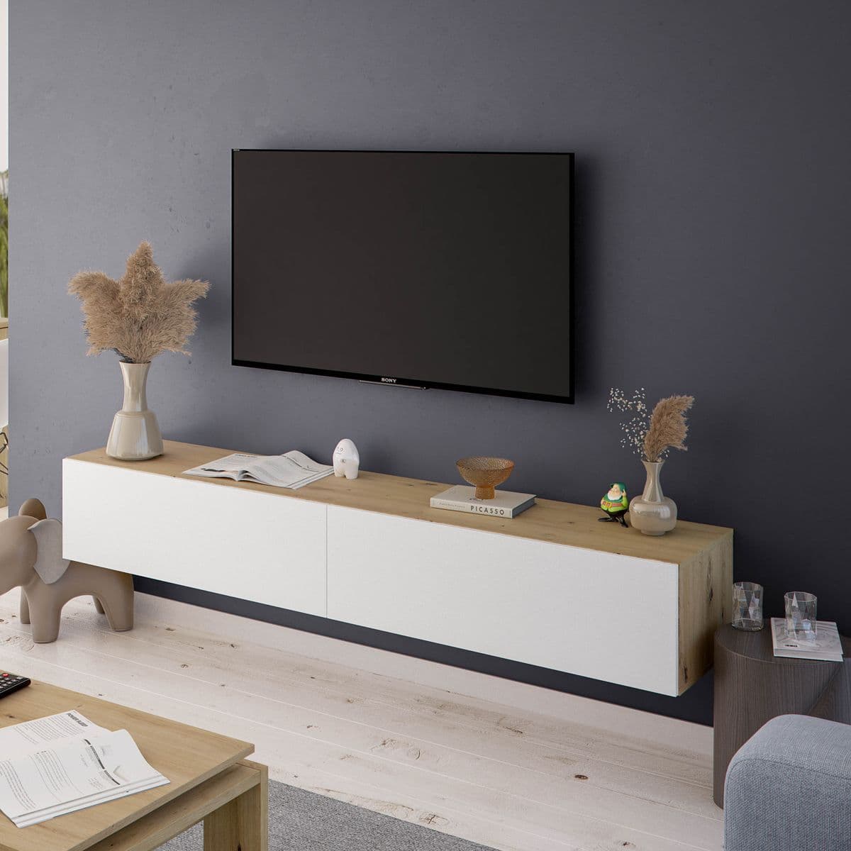 Fenen Oak & White Floating TV Unit - Wall Mounted