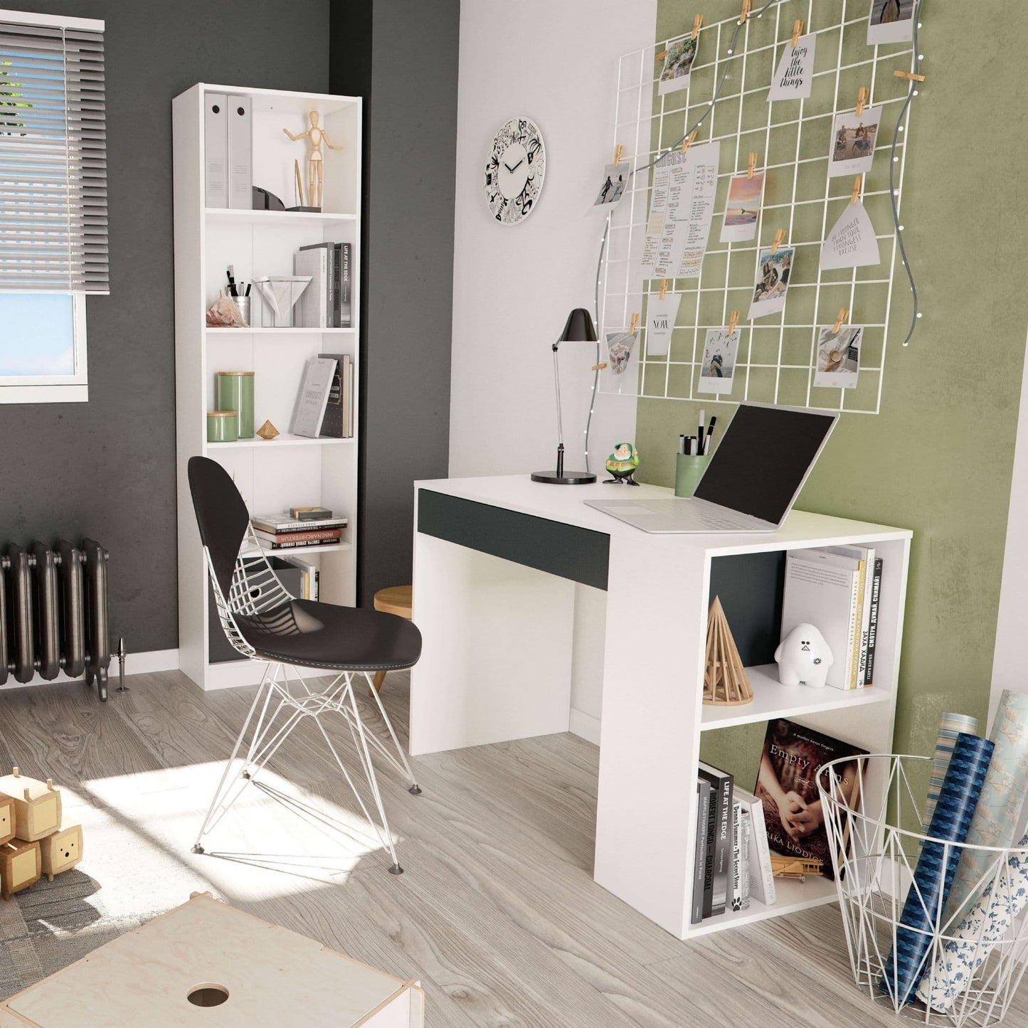 Fenin Grey & White Desk - With Drawer & Shelves