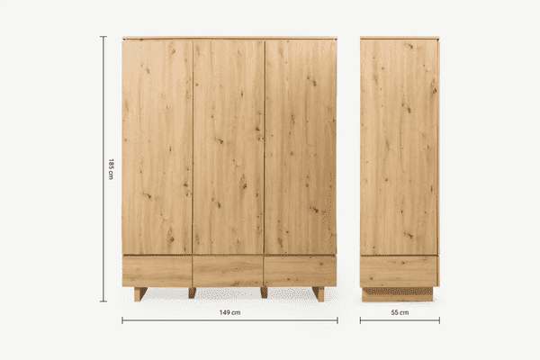Loreo Oak Triple Wardrobe - 3 Door, 3 Drawer