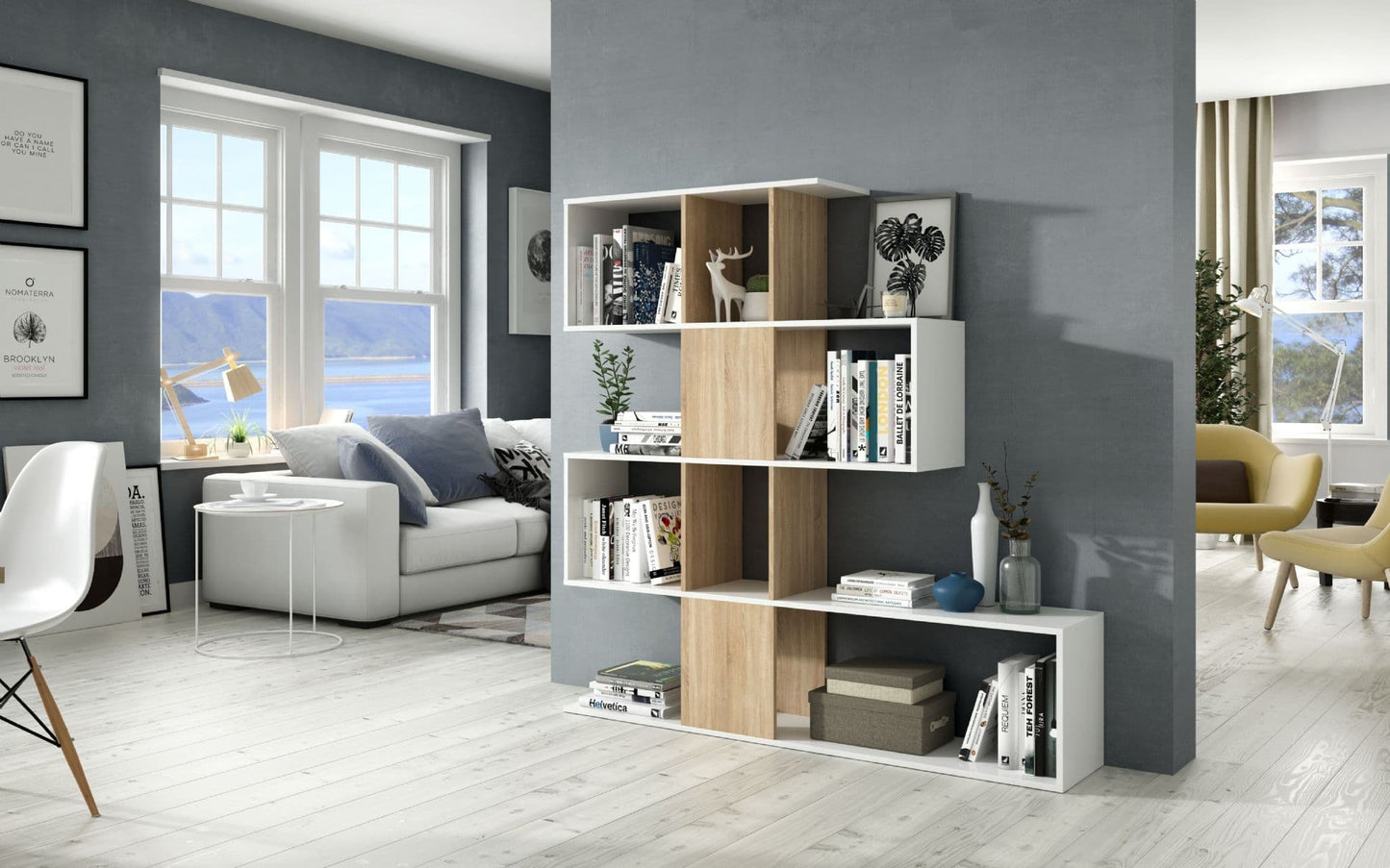 Fenur White & Oak Bookcase - Gloss Finish