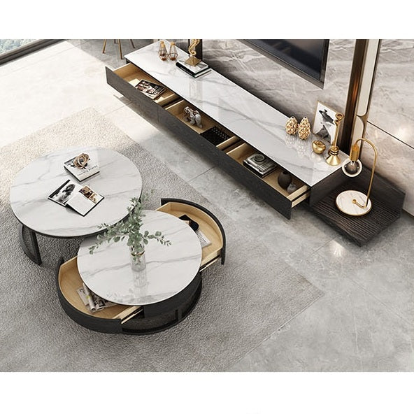 Gibs Extendable TV Stand, Sintered Stone And Black Wood