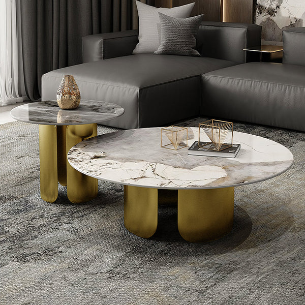 Amina Nesting Coffee Table Set, Gold Base, Sintered Stone