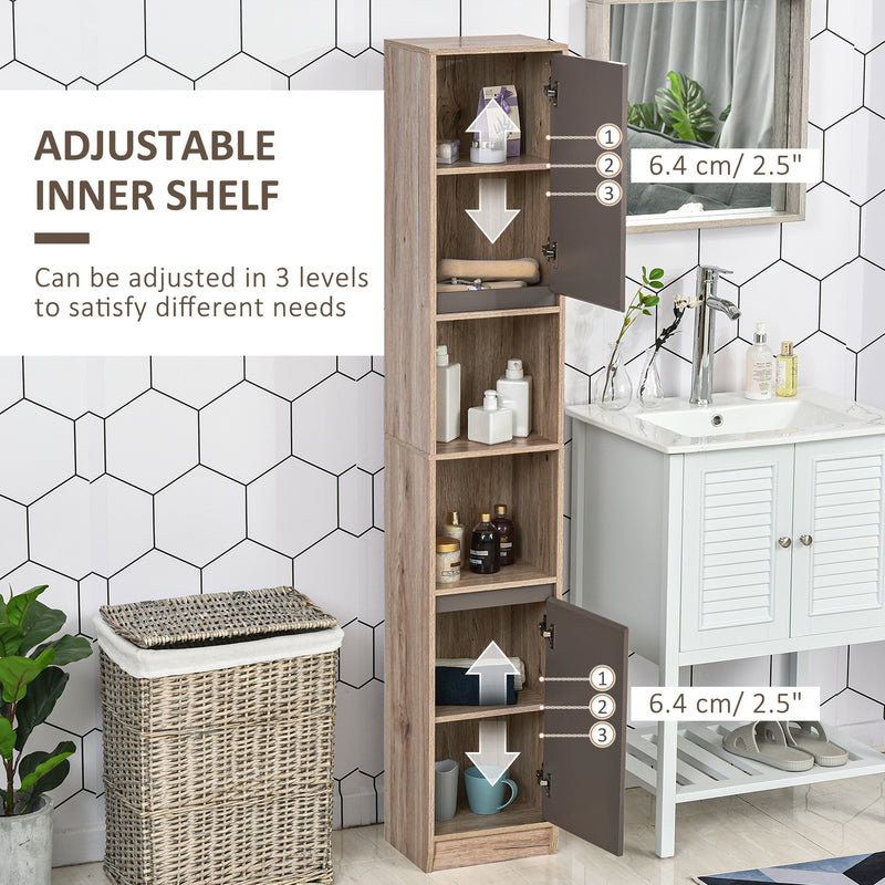 HOMCOM Narrow Bathroom Cabinet, Slim Bathroom Storage Unit with Open Compartment, Freestanding Storage Cupboard with Adjustable Shelves for Small Spaces, 30 x 24 x 170 cm, Grey and Oak