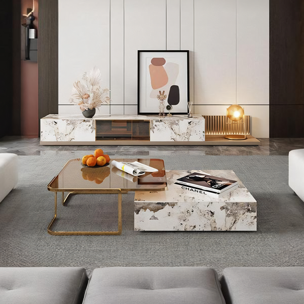 AnMoo Nesting Coffee Table Set With TV Stand, Golden Base
