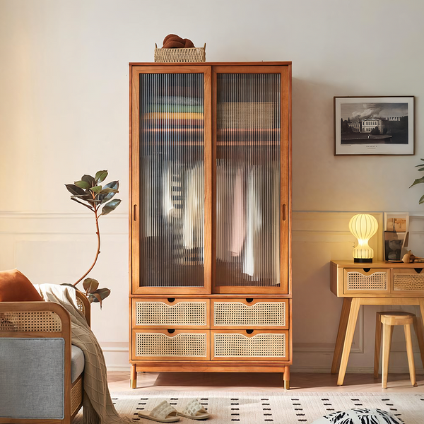 Fritzy Rattan Wardrobe With Coat Hanger & Sliding Glass Doors