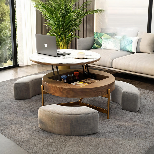 Josiah Round Lift-Top Coffee Table With 3 Small Benches, Linen