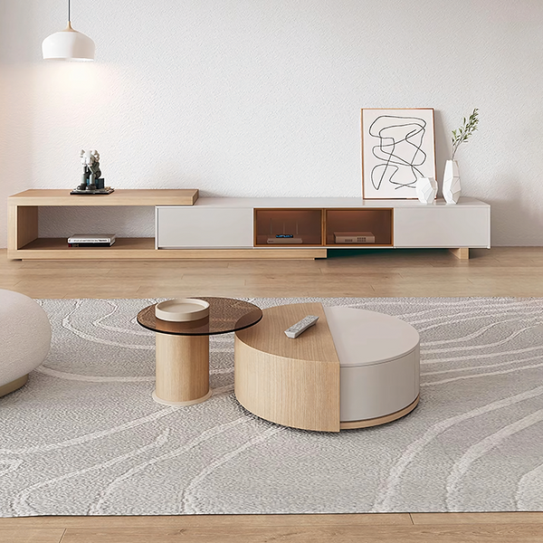 Ndre Nesting Revolving Coffee Table With Extendable TV Stand, Living Room Set