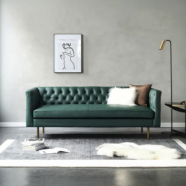 2 Seater Sofa in Dark Green Leather, Modern Two-Seater Couch for Living Room