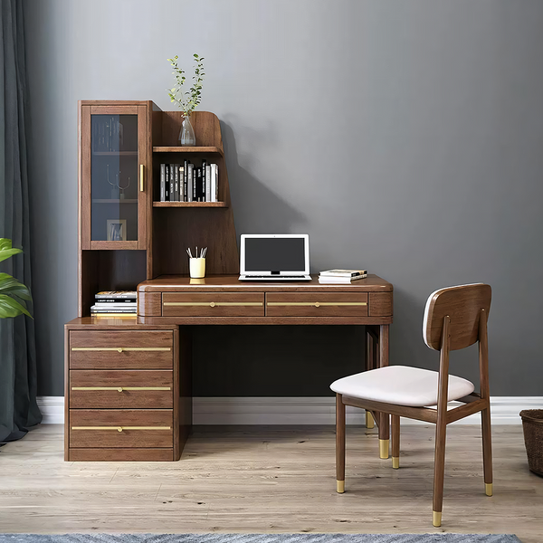 SK21 Office Desk With Side Storage, Rosewood & Gold