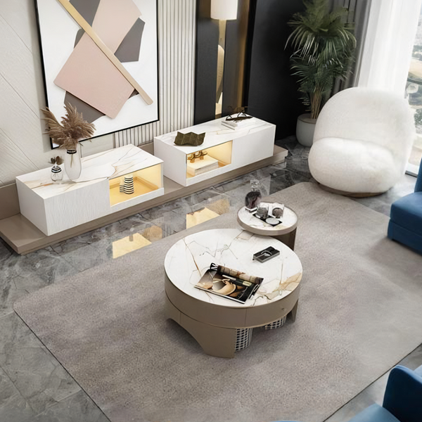 Umi Round Coffee Table Set with 4 Stools With TV Stand