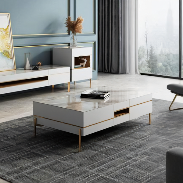 VIda Rectangle Coffee Table Set With TV Stand, Gold Leg