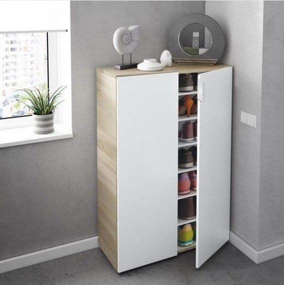 Yelas White & Oak Shoe Cabinet - 30 Pair Storage