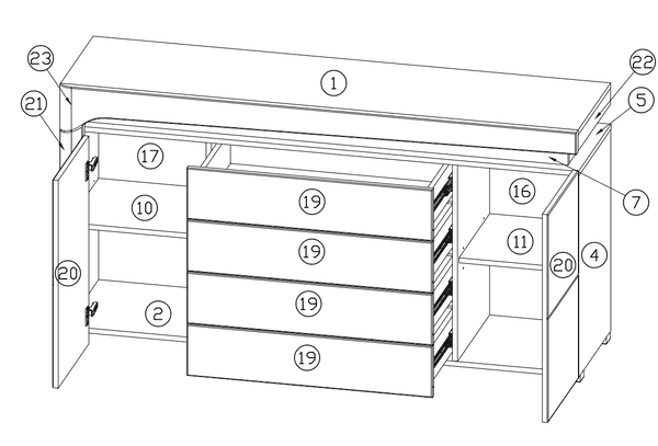 Lorur 2-Door Sideboard - 4 Drawers, LED Lights