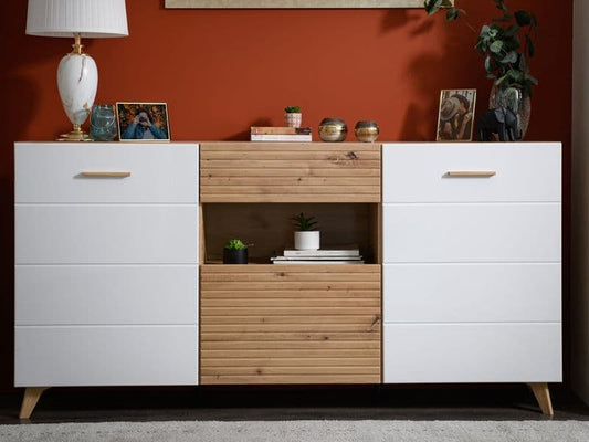 Darel Oak & White Sideboard - Slatted Design
