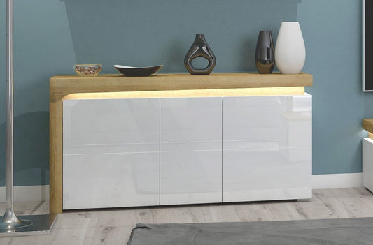 Torur Oak & White Sideboard - 3 Door, LED Lights