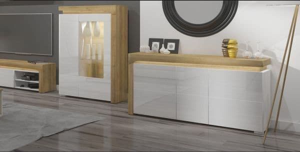 Torur Oak & White Sideboard - 3 Door, LED Lights