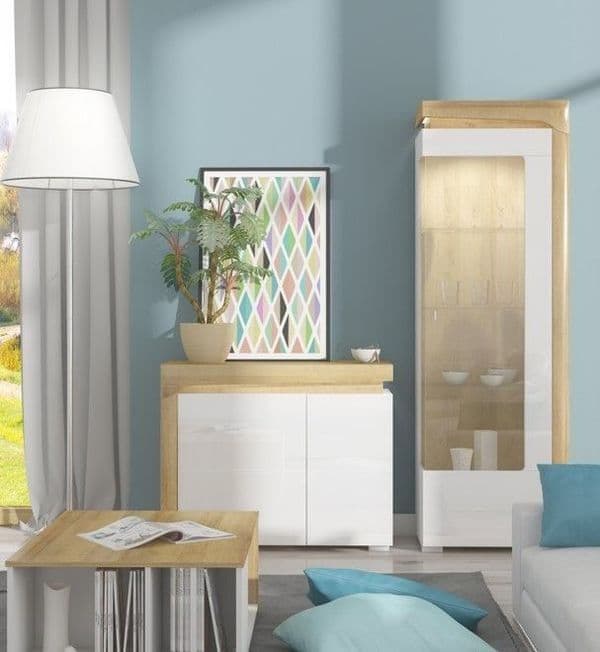 Kelos Oak & White LED Display Cabinet - Glass Door