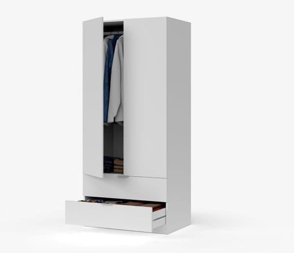 Helus White Space-Saving Wardrobe - 2 Door, 2 Drawer