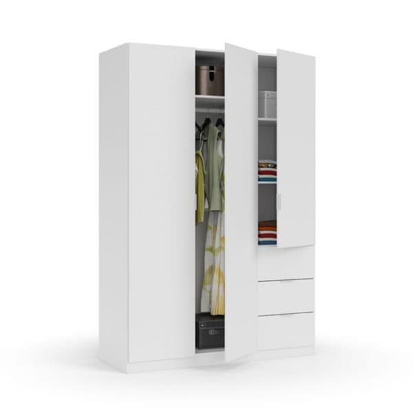 Garix White 135cm Wardrobe - 3 Door, 3 Drawer