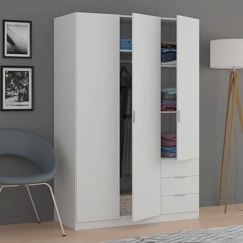 Jaril White 3-Door Wardrobe - 3 Drawers, Compact