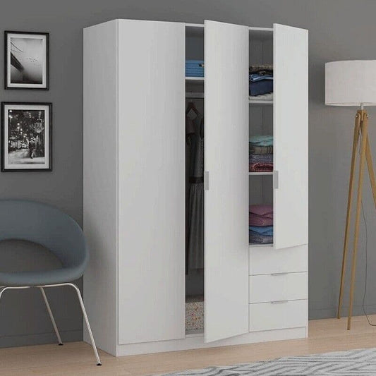 Jaril White 3-Door Wardrobe - 3 Drawers, Compact