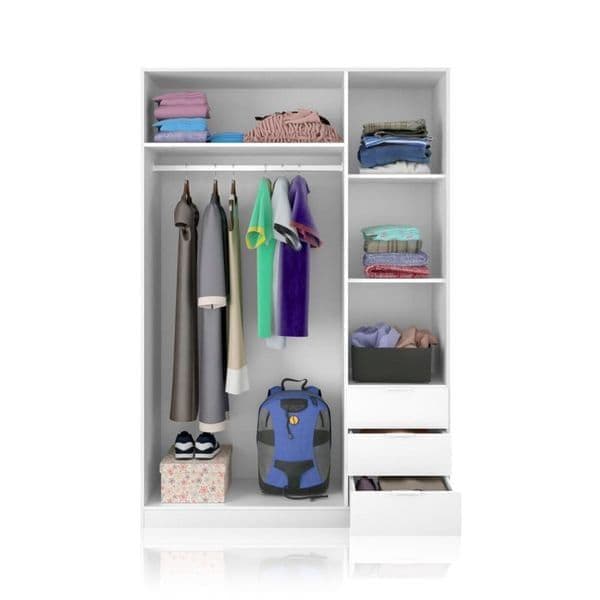 Jaril White 3-Door Wardrobe - 3 Drawers, Compact