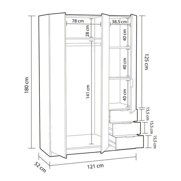 Jaril White 3-Door Wardrobe - 3 Drawers, Compact