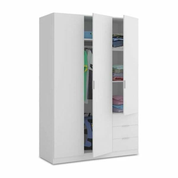 Jaril White 3-Door Wardrobe - 3 Drawers, Compact