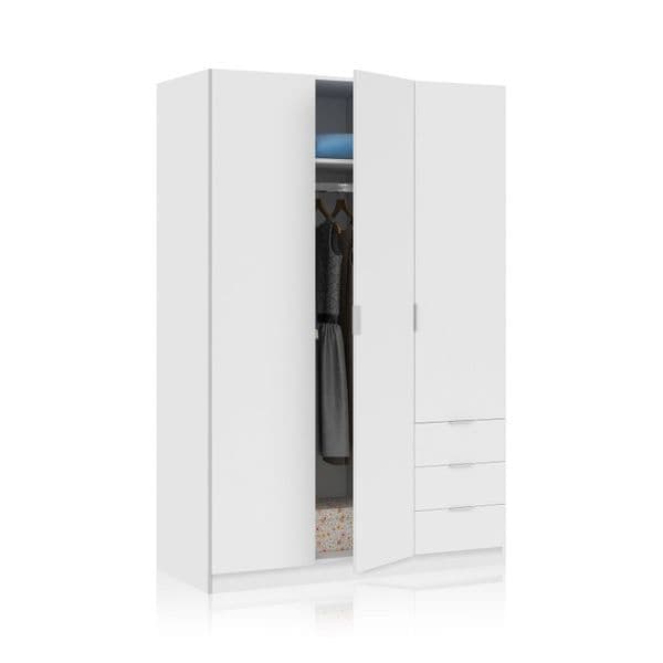 Jaril White 3-Door Wardrobe - 3 Drawers, Compact