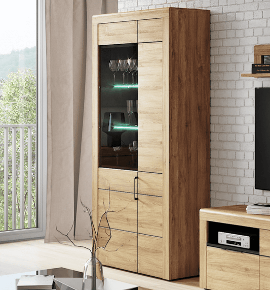 Coron Oak Display Cabinet - 2 Door, Glass Shelves