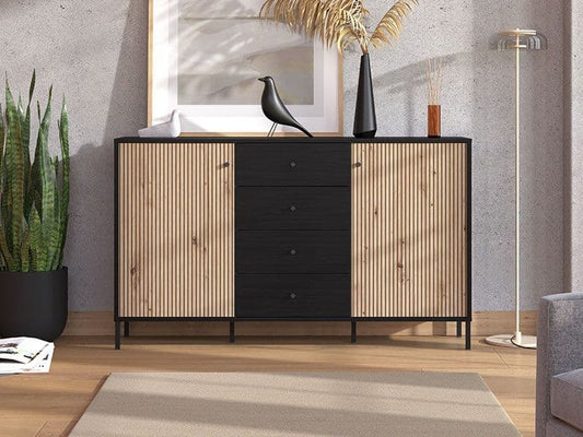 Vorix Oak & Black Sideboard - Slatted Design
