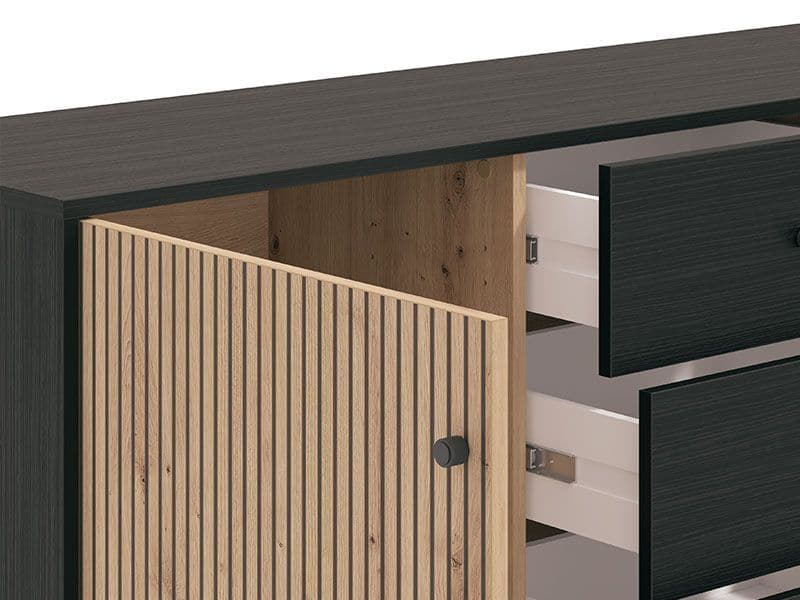 Vorix Oak & Black Sideboard - Slatted Design
