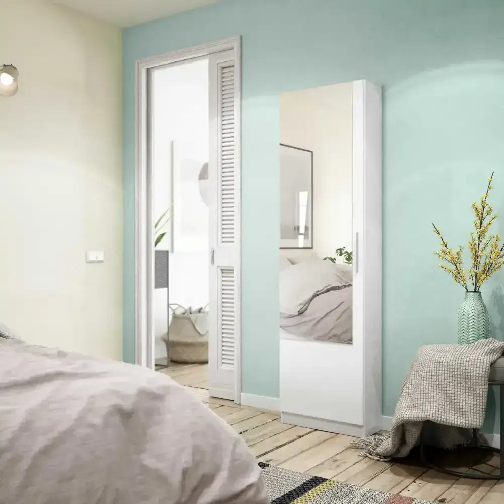 Yelos White Shoe Cabinet - Mirrored Door