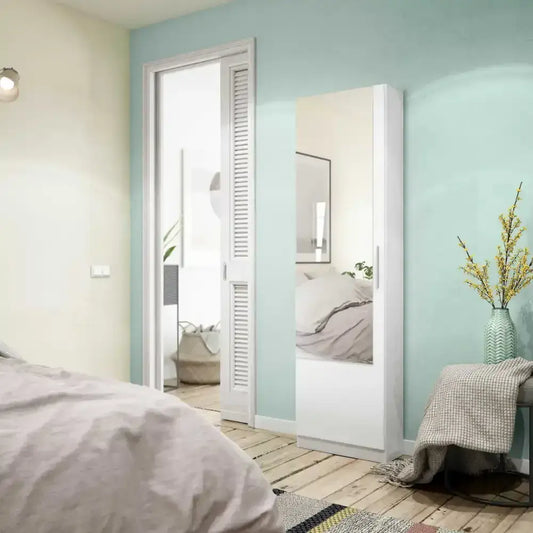 Yelos White Shoe Cabinet - Mirrored Door