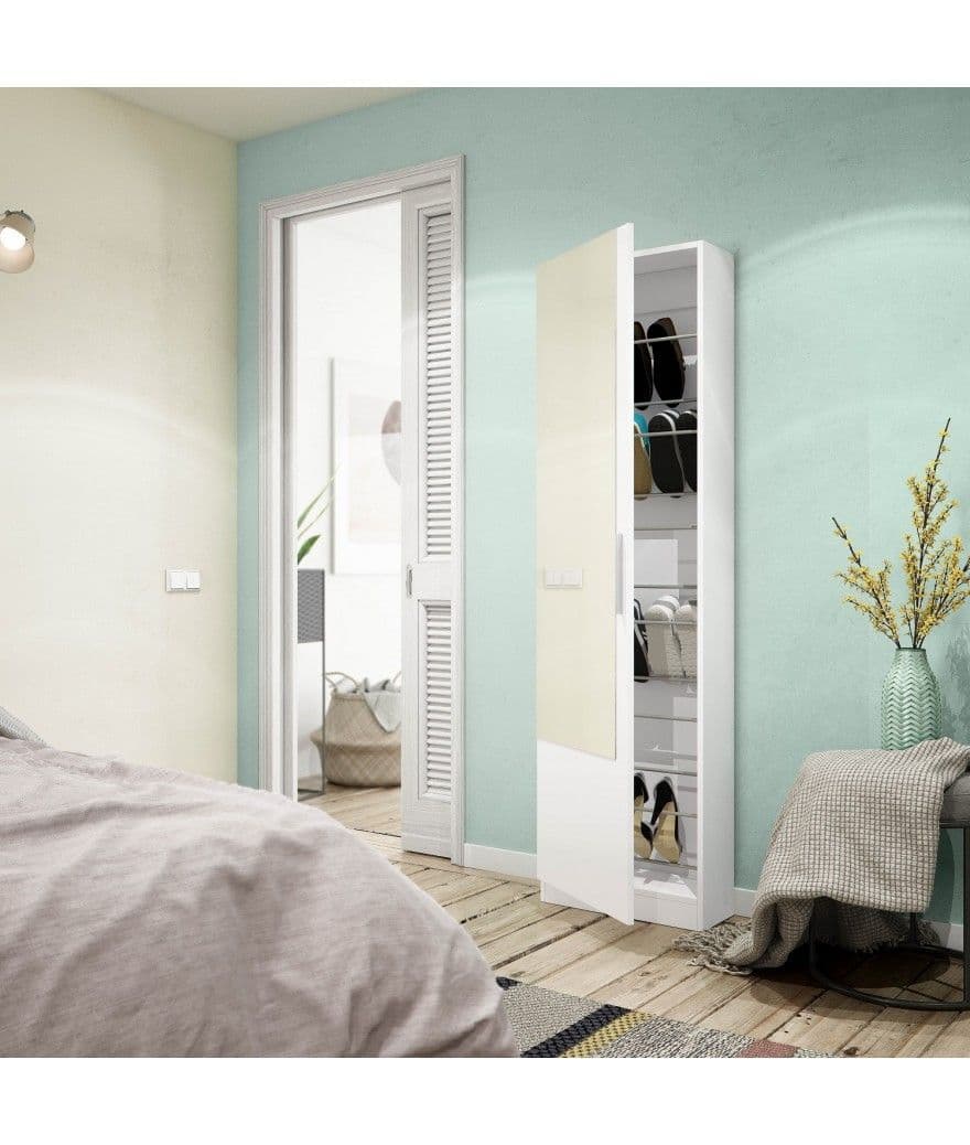 Yelos White Shoe Cabinet - Mirrored Door