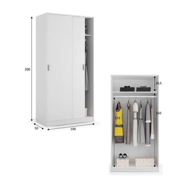 Raleth White Sliding Wardrobe - 2 Door, Narrow