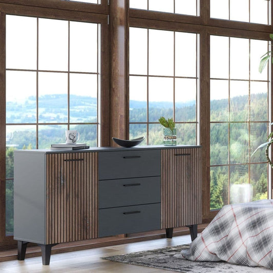 Xanur Dark Grey & Oak Sideboard - 2 Door, 3 Drawer
