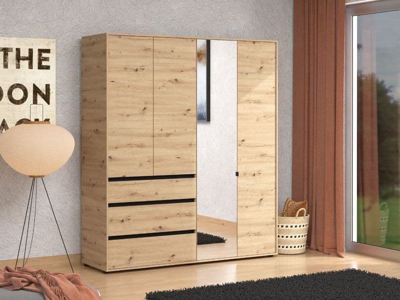 Yelar Oak Mirrored Wardrobe - 4 Door, 3 Drawer