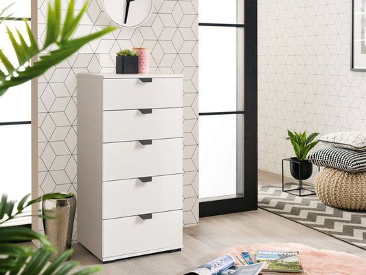 Torel White 5-Drawer Chest - Narrow