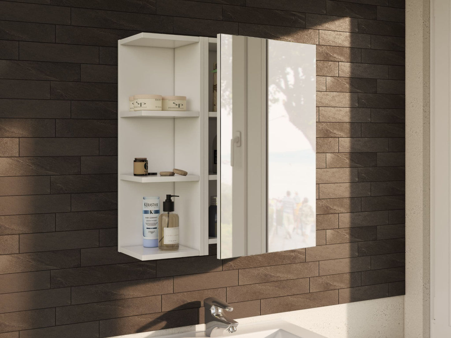Garum White Bathroom Cabinet - Mirrored, 1 Door