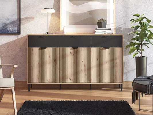 Fenion Oak & Black Sideboard - 3 Door, Slatted