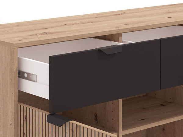 Fenion Oak & Black Sideboard - 3 Door, Slatted