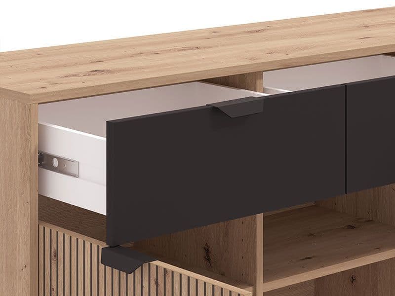Fenion Oak & Black Sideboard - 3 Door, Slatted