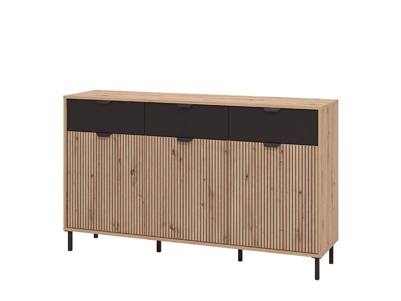 Fenion Oak & Black Sideboard - 3 Door, Slatted
