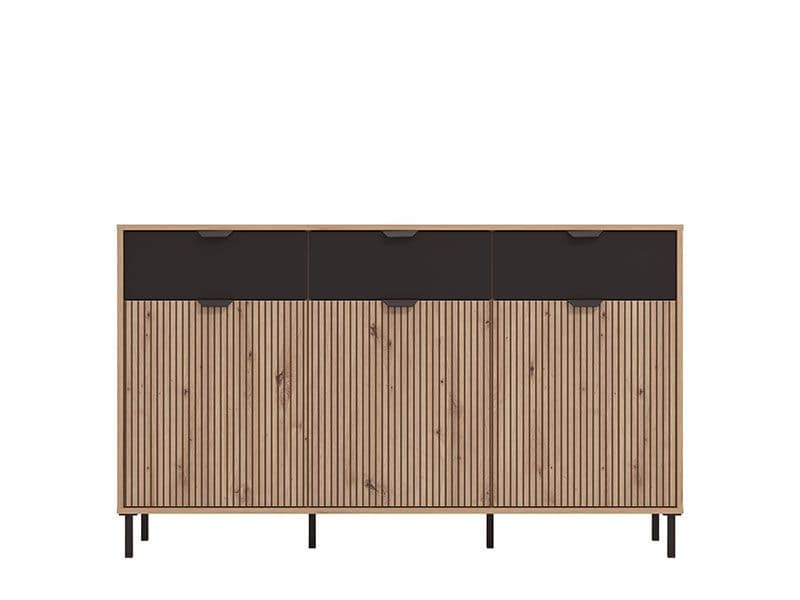 Fenion Oak & Black Sideboard - 3 Door, Slatted