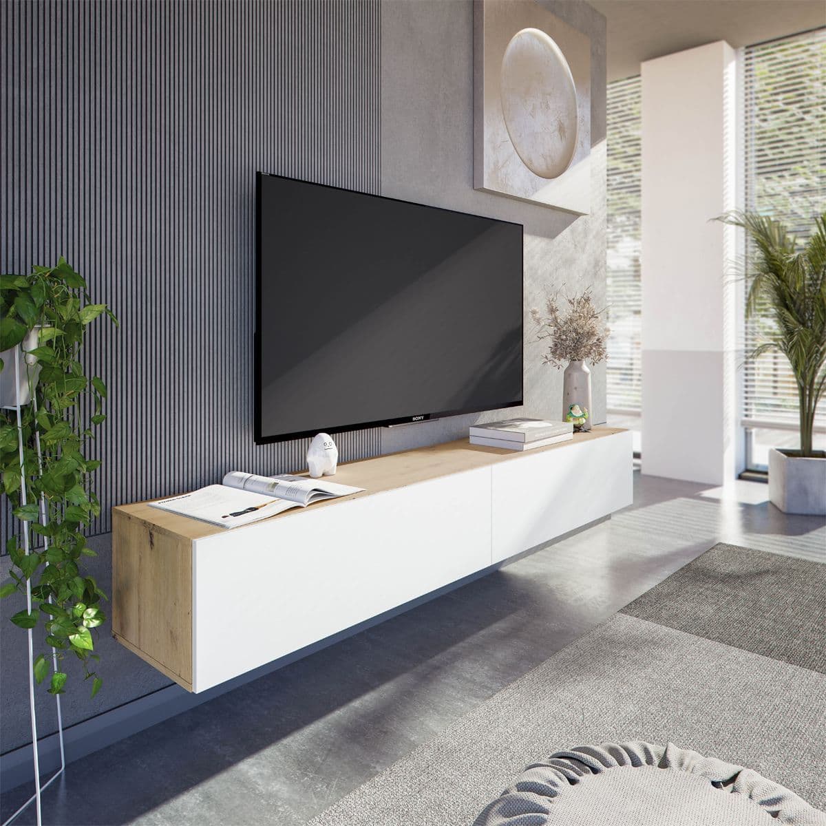 Fenen Oak & White Floating TV Unit - Wall Mounted