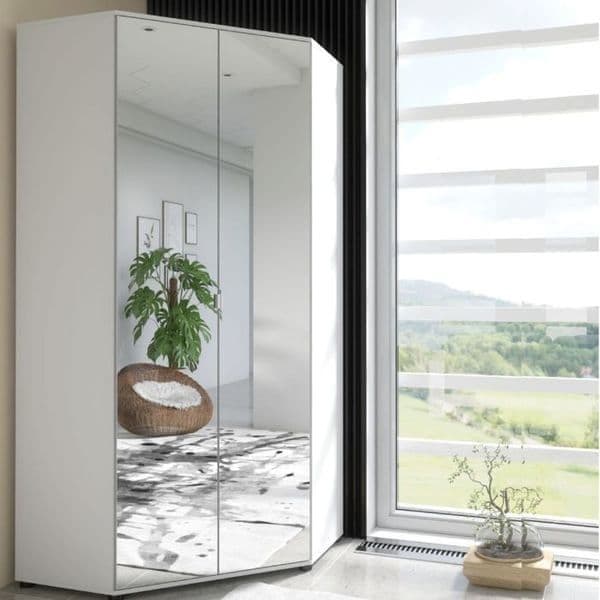 Norix White Mirrored Corner Wardrobe - 2 Door