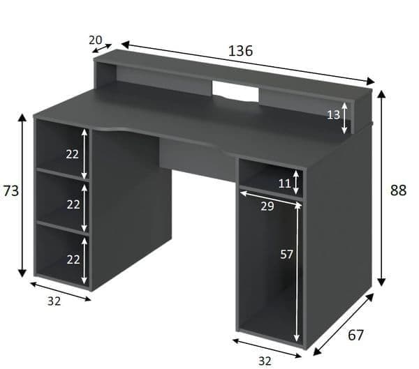 Ulon Grey Gaming Desk - With Hutch