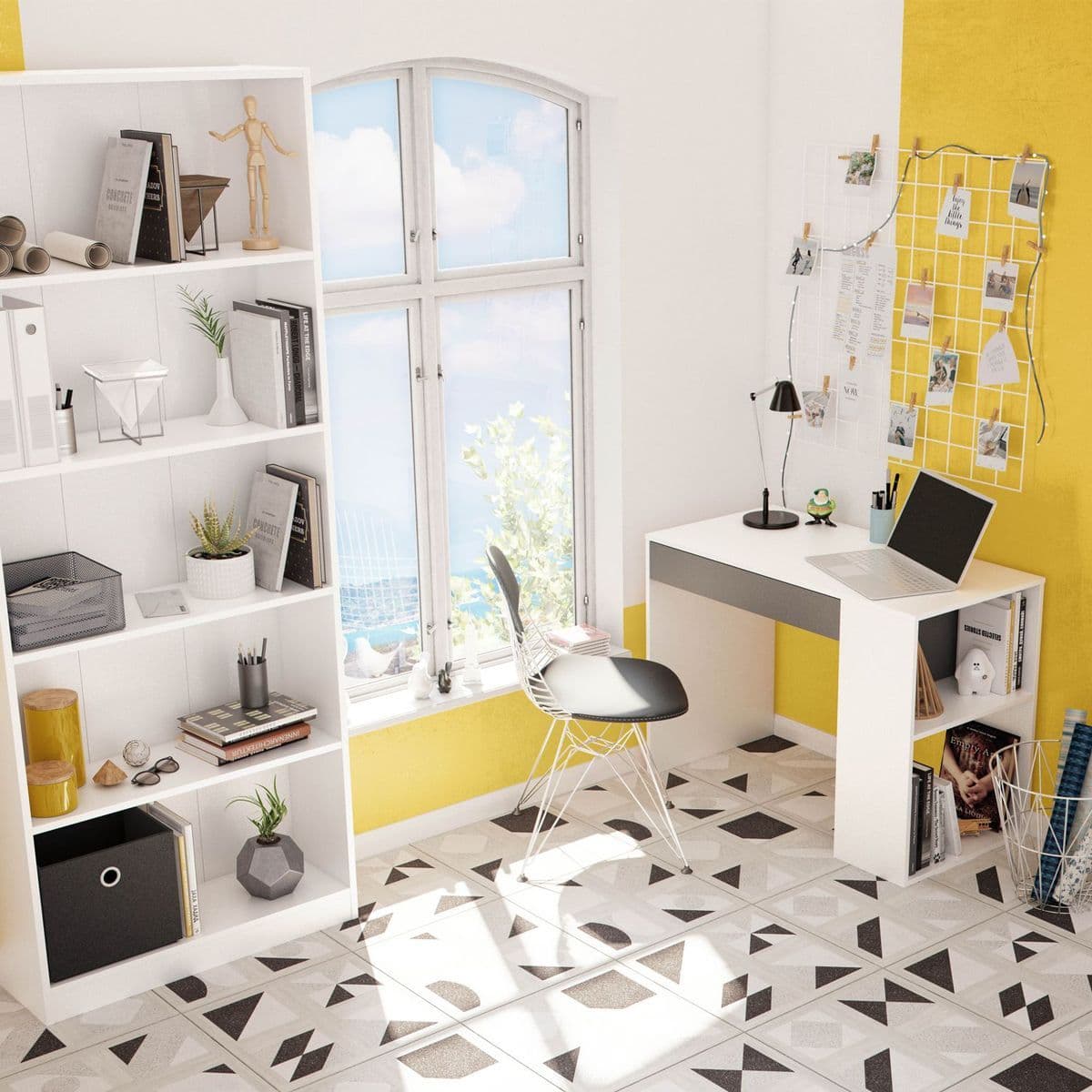 Fenin Grey & White Desk - With Drawer & Shelves